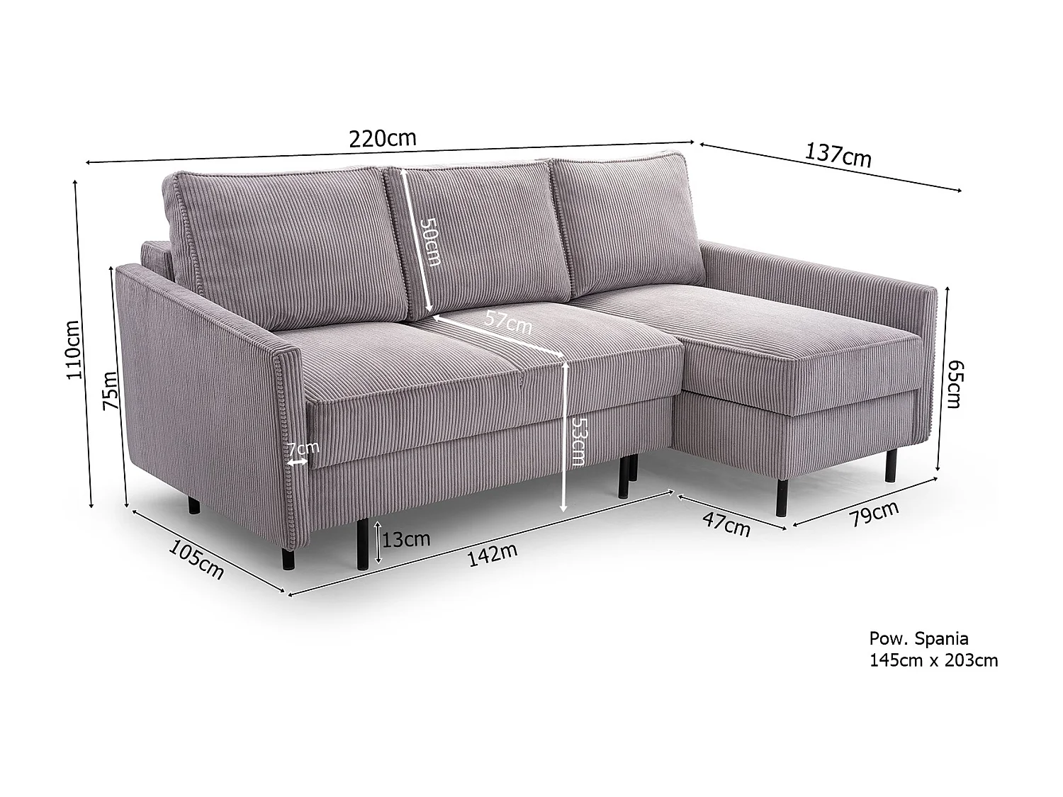 Narożnik, sofa ROBIN ze sztruksem POSO, rozkładana, powierzchnia spania 145x203 cm, solidna drewniana rama, lewa strona, NIEBIESKI