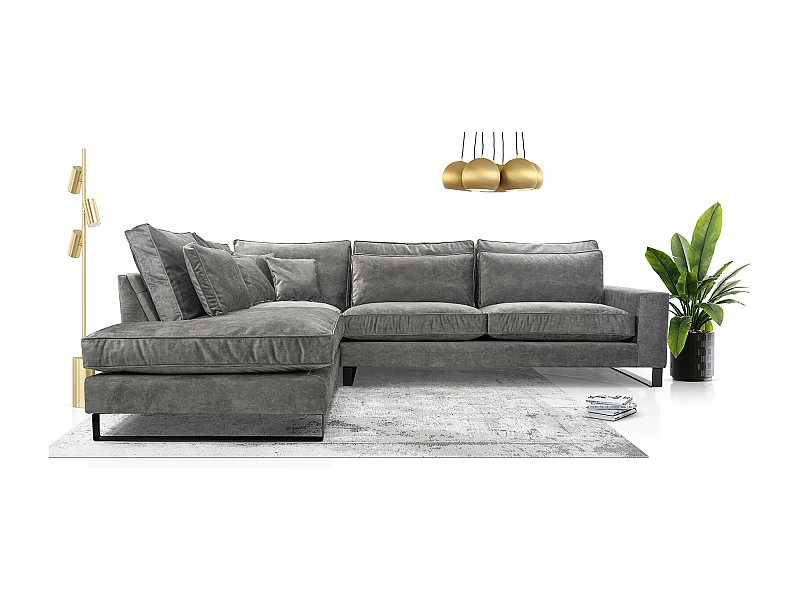 Ecksofa Freistehend L-förmig mit Wasserabweisendem Torre-Bezug, Abnehmbaren Kissen und Schwarzen Metallfüßen – Linke Seite 314x224x90 cm, Grau