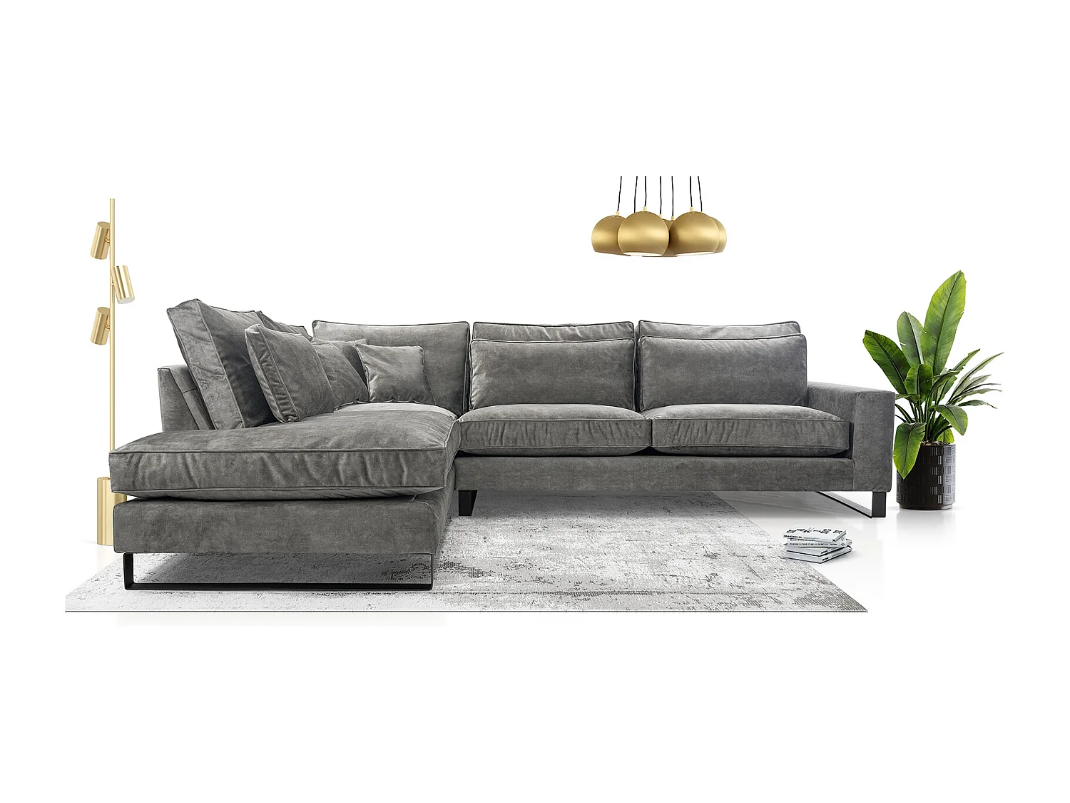 Ecksofa Freistehend L-förmig mit Wasserabweisendem Torre-Bezug, Abnehmbaren Kissen und Schwarzen Metallfüßen – Linke Seite 314x224x90 cm, Grau
