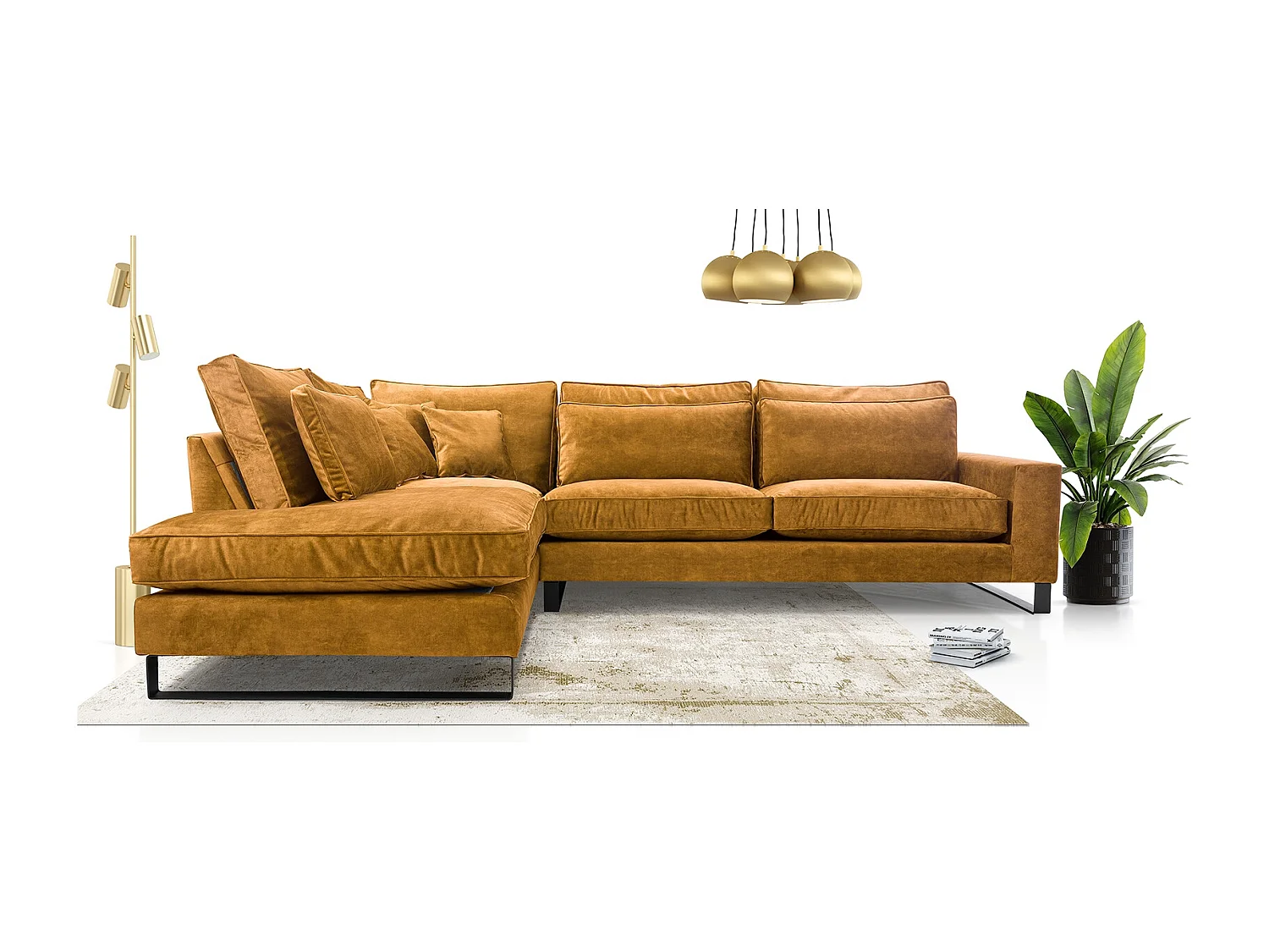 Ecksofa Freistehend L-förmig mit Wasserabweisendem Torre-Bezug, Abnehmbaren Kissen und Schwarzen Metallfüßen – Linke Seite 314x224x90 cm, Gold