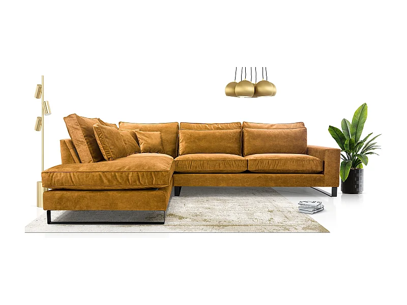 Ecksofa Freistehend L-förmig mit Wasserabweisendem Torre-Bezug, Abnehmbaren Kissen und Schwarzen Metallfüßen – Linke Seite 314x224x90 cm, Gold