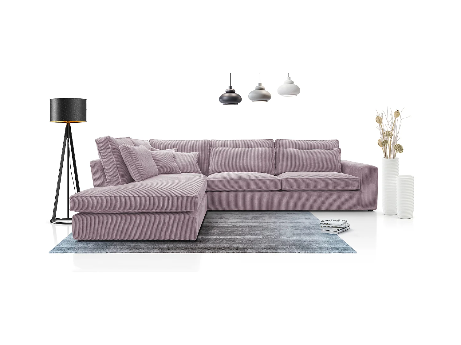 Ecksofa COBRA, Stoff-LINCOLN, Modernes Ecksofa Mit Kissen, Wellenfederung, Rückseite Bezogen, Freistehend, Links-Layout 89x314x224cm, HELLPURPEL