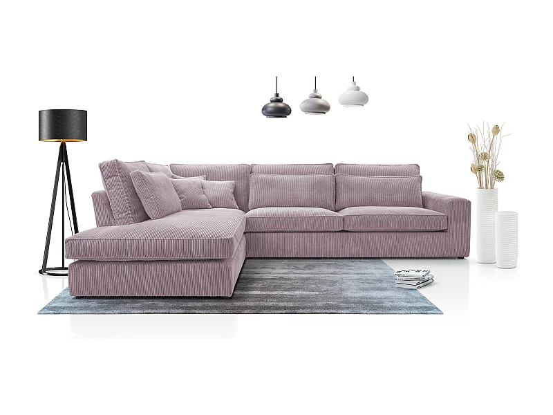 Ecksofa COBRA, Stoff-LINCOLN, Modernes Ecksofa Mit Kissen, Wellenfederung, Rückseite Bezogen, Freistehend, Links-Layout 89x314x224cm, HELLPURPEL