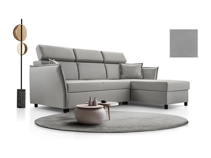 Ecksofa mit Schlaffunktion und Bettkasten-198x127cm,Verstellbare Kopfstützen,Schlafsofa,Bettsofa,Freistehend,Außenmaße 227x161,Rechte Seite,Grau