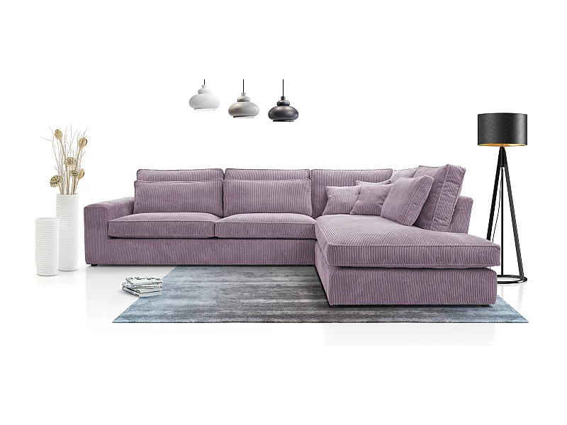 Ecksofa COBRA, Stoff-LINCOLN, Modernes Ecksofa Mit Kissen, Wellenfederung, Rückseite Bezogen, Freistehend, Rechts-Layout 89x314x224cm, DUNKELPURPEL