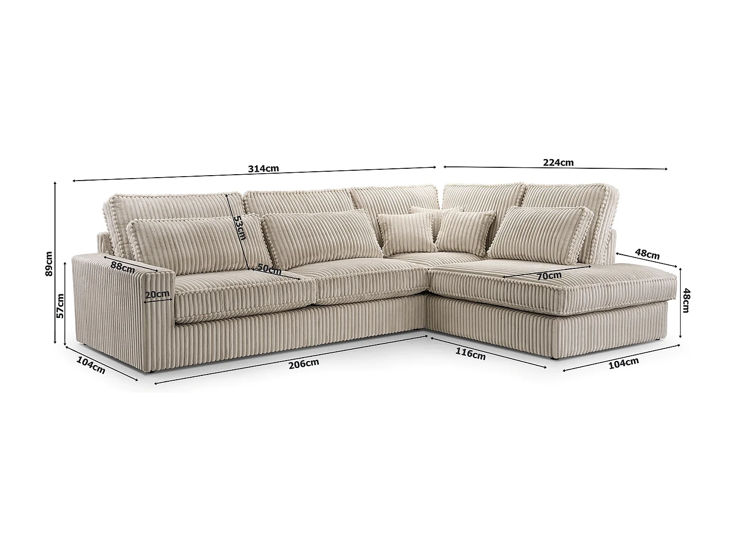 Hochwertiges Ecksofa - Modernes Sofa mit Kissen, gepolsterte Rückenlehne, komfortabel und stilvoll, Rechtes Design 89x314x224 cm, Grau