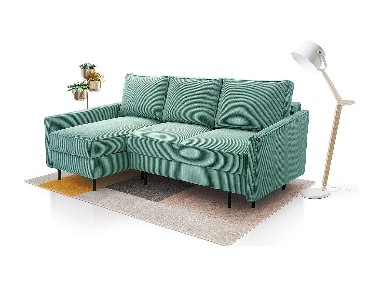 Ecksofa, ROBIN Sofa Mit Cordstoff-POSO, Ausziehbar, Schlafbereich 145x203cm, Robustes Holzgestell, Linke Seite, TÜRKIS
