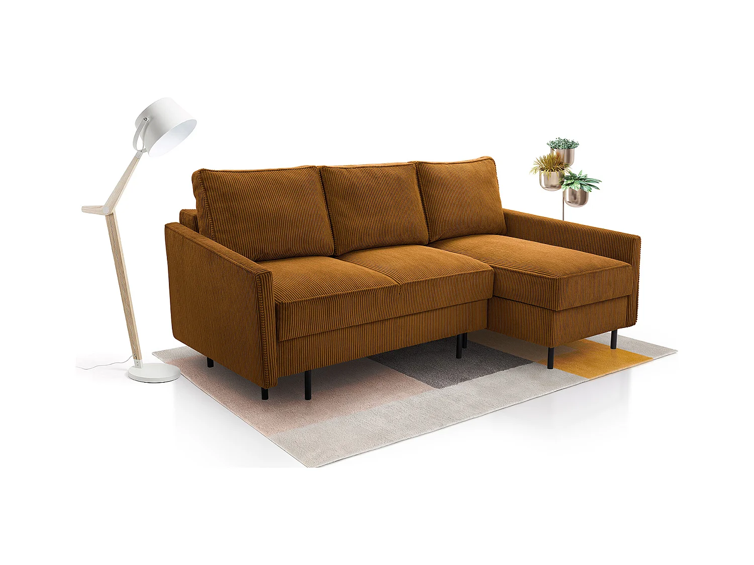 Ecksofa, ROBIN Sofa Mit Cordstoff-POSO, Ausziehbar, Schlafbereich 145x203cm, Robustes Holzgestell, Rechte Seite, GOLD