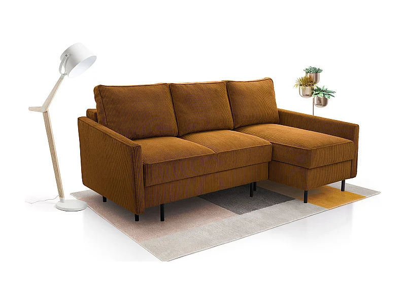 Ecksofa, ROBIN Sofa Mit Cordstoff-POSO, Ausziehbar, Schlafbereich 145x203cm, Robustes Holzgestell, Rechte Seite, GOLD