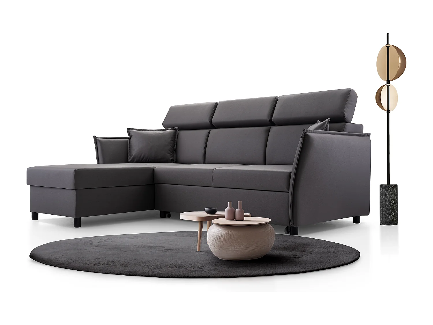 Ecksofa mit Schlaffunktion und Bettkasten-198x127cm,Verstellbare Kopfstützen,Schlafsofa,Bettsofa,Freistehend,Außenmaße 227x161,Linke Seite,Esche