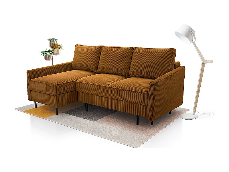 Ecksofa, ROBIN Sofa Mit Cordstoff-POSO, Ausziehbar, Schlafbereich 145x203cm, Robustes Holzgestell, Linke Seite, GOLD
