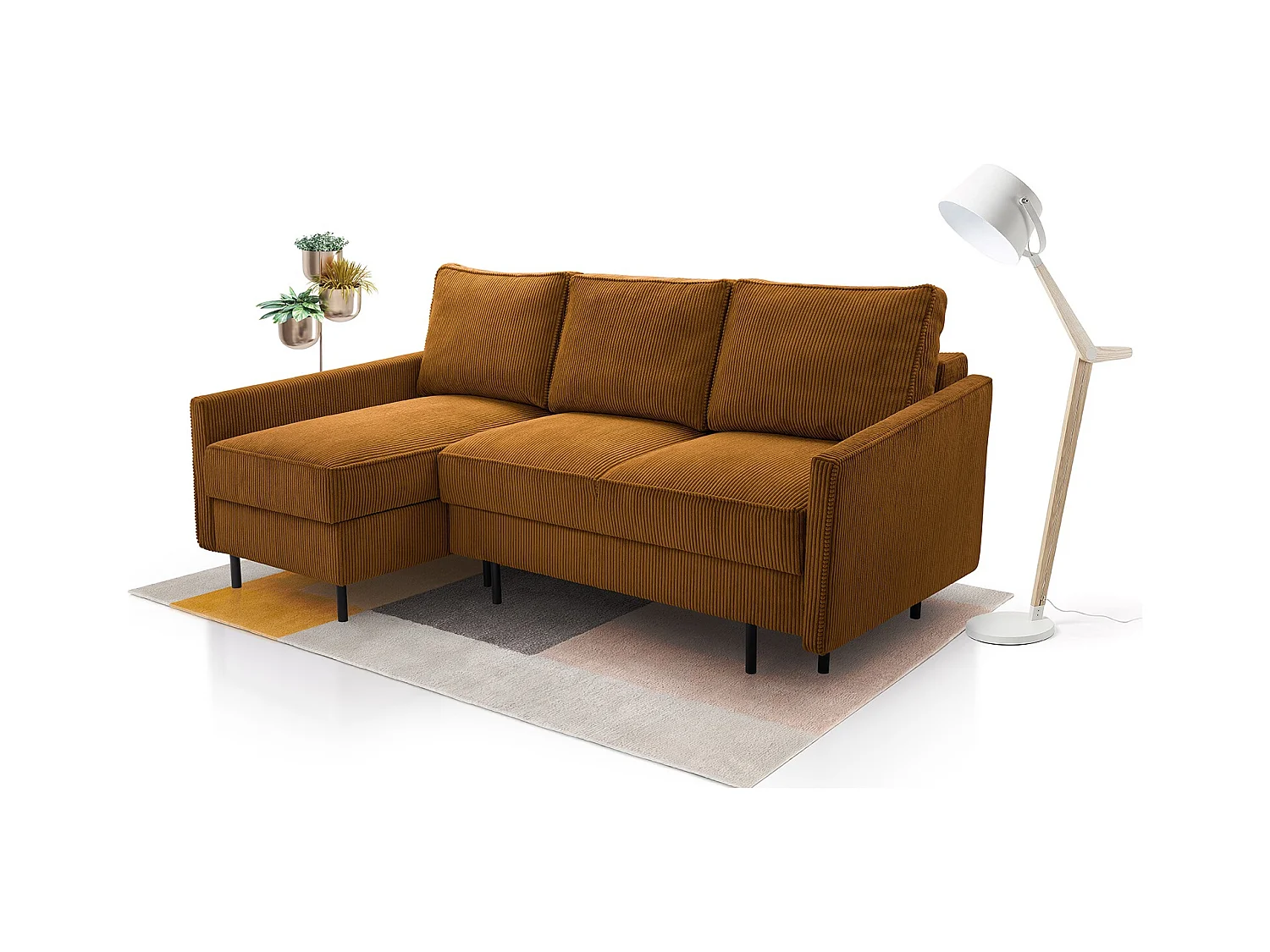 Ecksofa, ROBIN Sofa Mit Cordstoff-POSO, Ausziehbar, Schlafbereich 145x203cm, Robustes Holzgestell, Linke Seite, GOLD