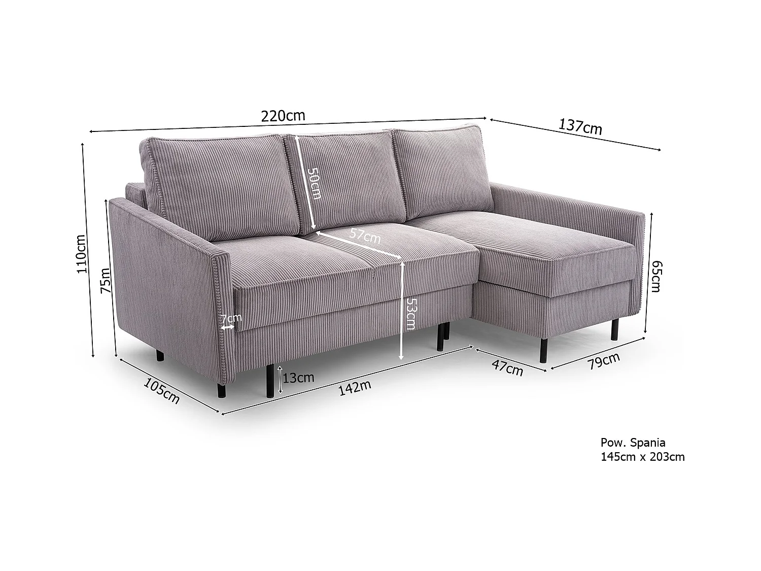 Ecksofa, ROBIN Sofa Mit Cordstoff-POSO, Ausziehbar, Schlafbereich 145x203cm, Robustes Holzgestell, Linke Seite, GOLD