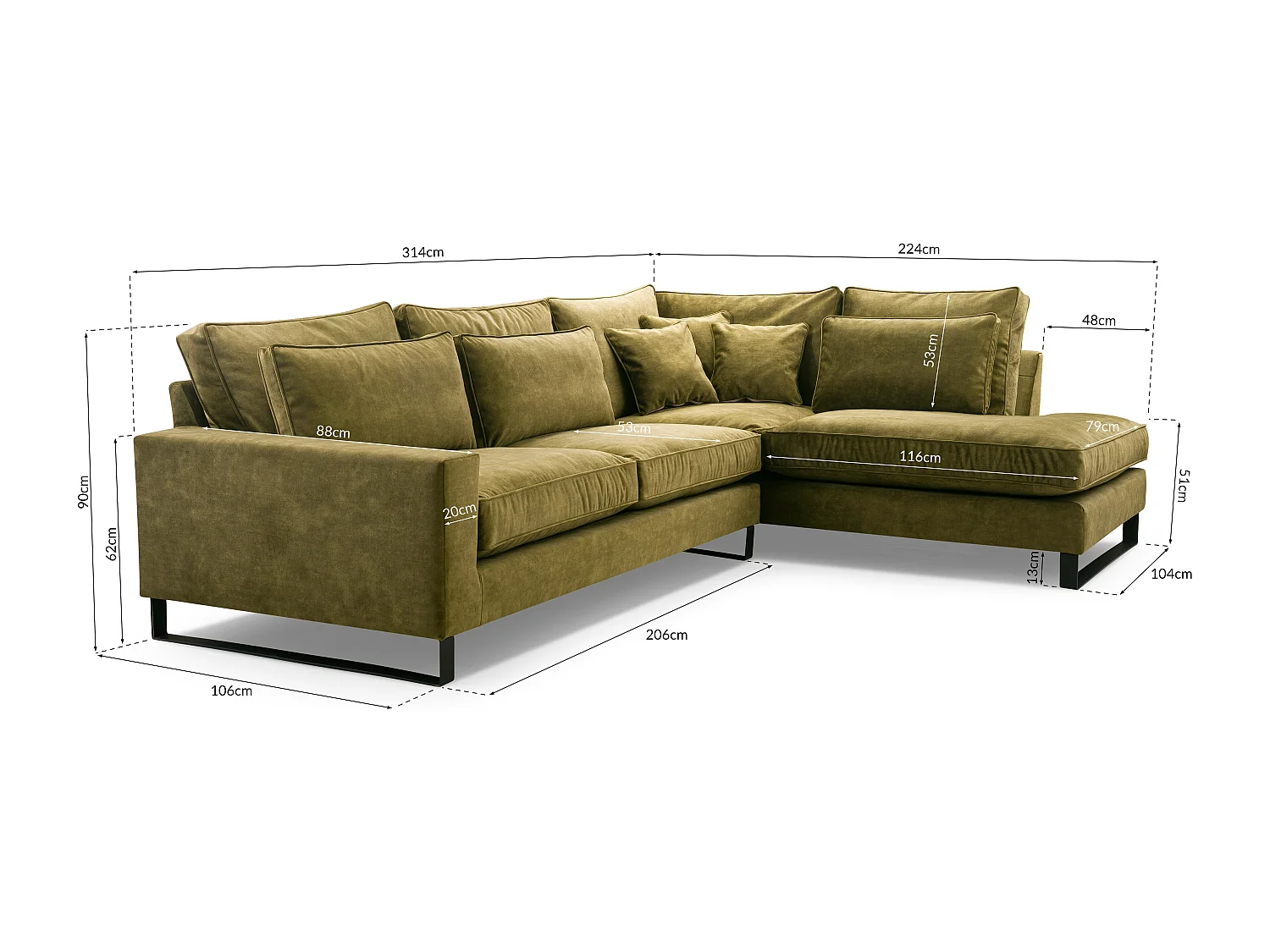 Narożna sofa wolnostojąca w kształcie L, wodoodporny materiał Torre, zdejmowane poduszki, czarne metalowe nogi, prawa strona, 314x224x90cm, platyna