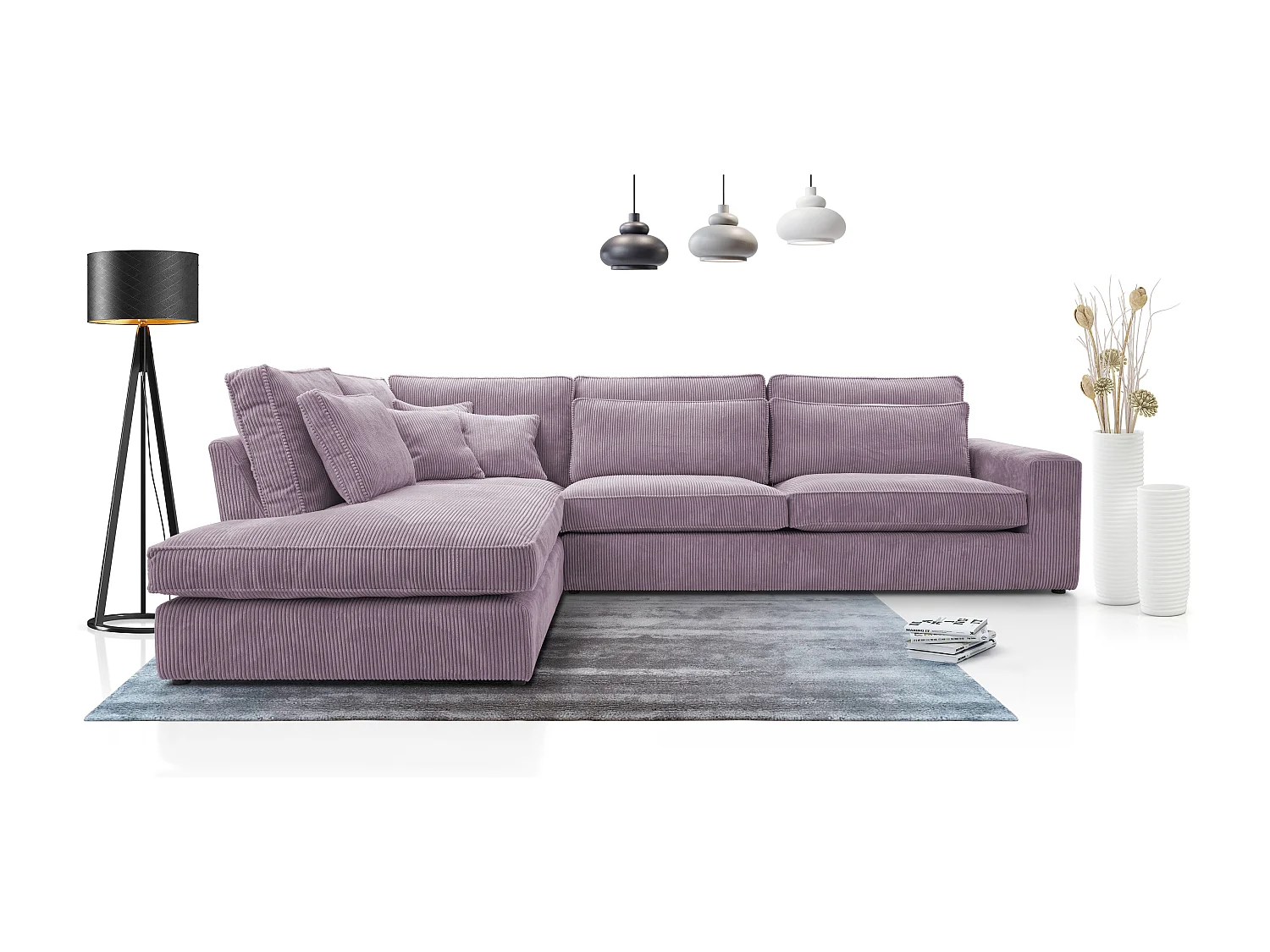 Ecksofa COBRA, Stoff-LINCOLN, Modernes Ecksofa Mit Kissen, Wellenfederung, Rückseite Bezogen, Freistehend, Links-Layout 89x314x224cm, DUNKELPURPEL