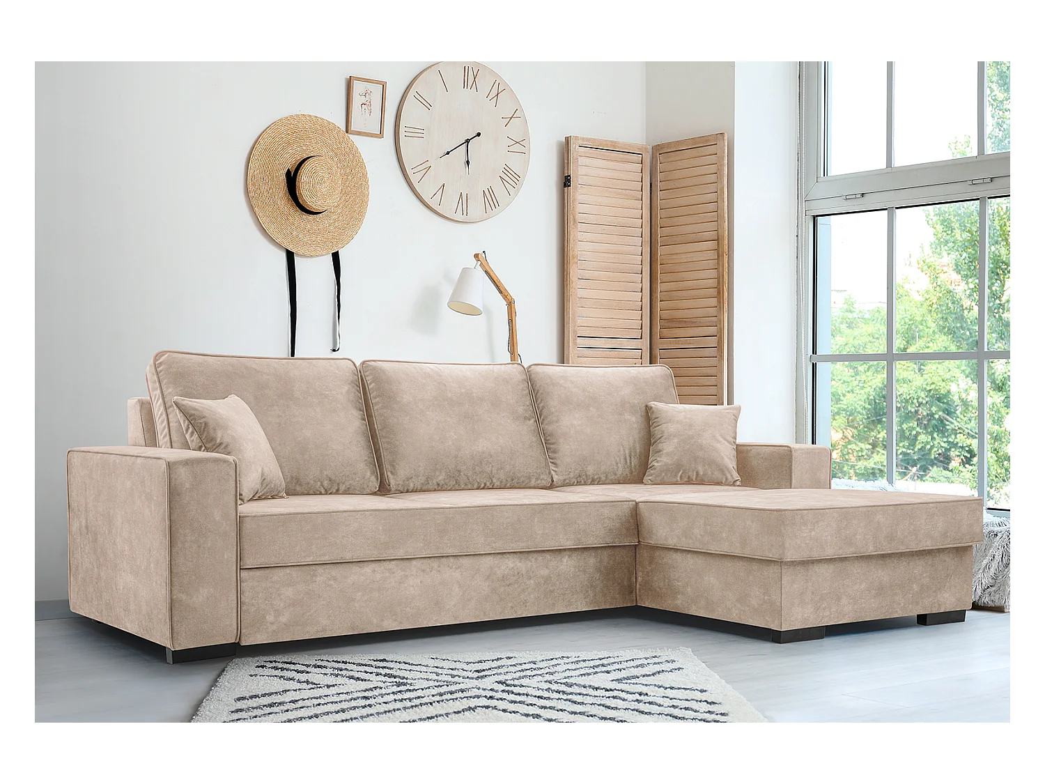 Schlafcouch mit Stauraum & Schlaffunktion – Sofa mit Automatik-Wagenmechanismus, Veloursstoff, gepolstertes Ecksofa | 223x160 cm | Beige, Rechte Seite