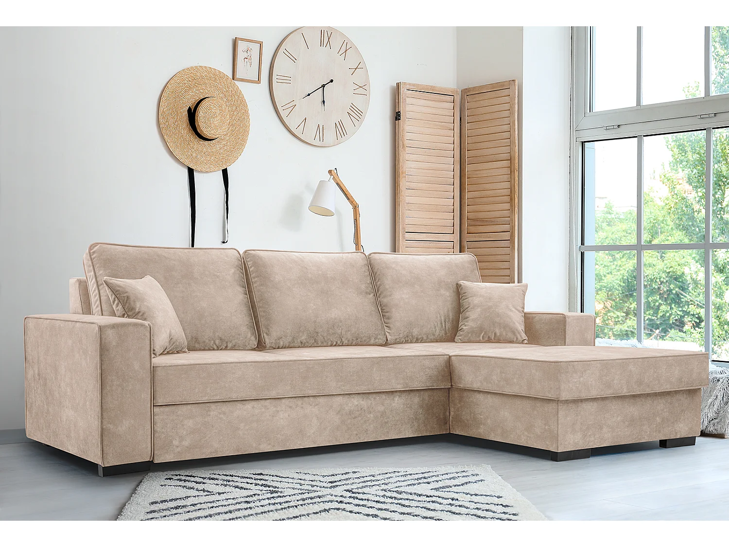 Sofá convertible con almacenamiento y función cama - Mecanismo automático, tela de terciopelo, sofá rinconero tapizado, 223x160 cm, Beige, derecha