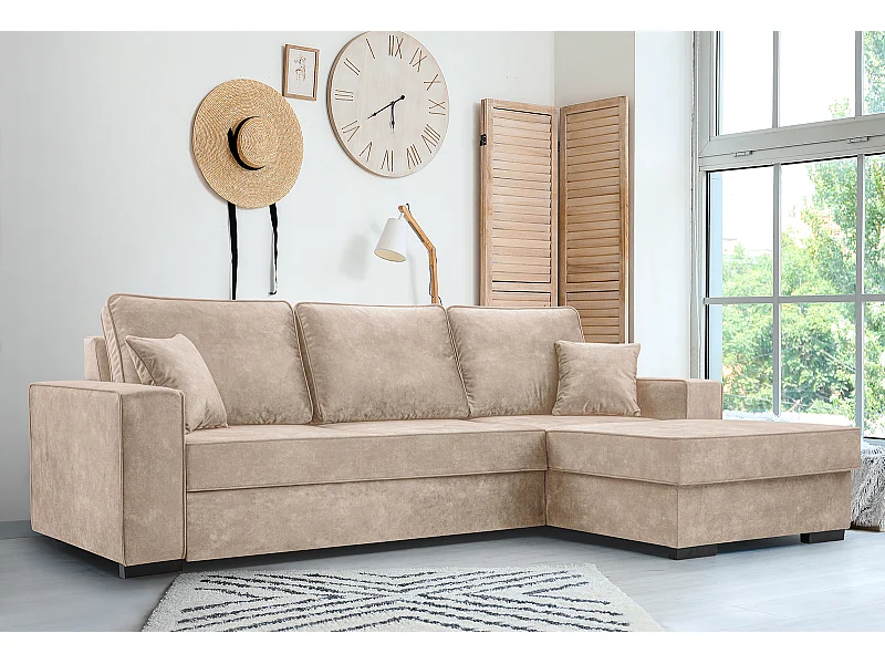 Schlafcouch mit Stauraum & Schlaffunktion – Sofa mit Automatik-Wagenmechanismus, Veloursstoff, gepolstertes Ecksofa | 223x160 cm | Beige, Rechte Seite