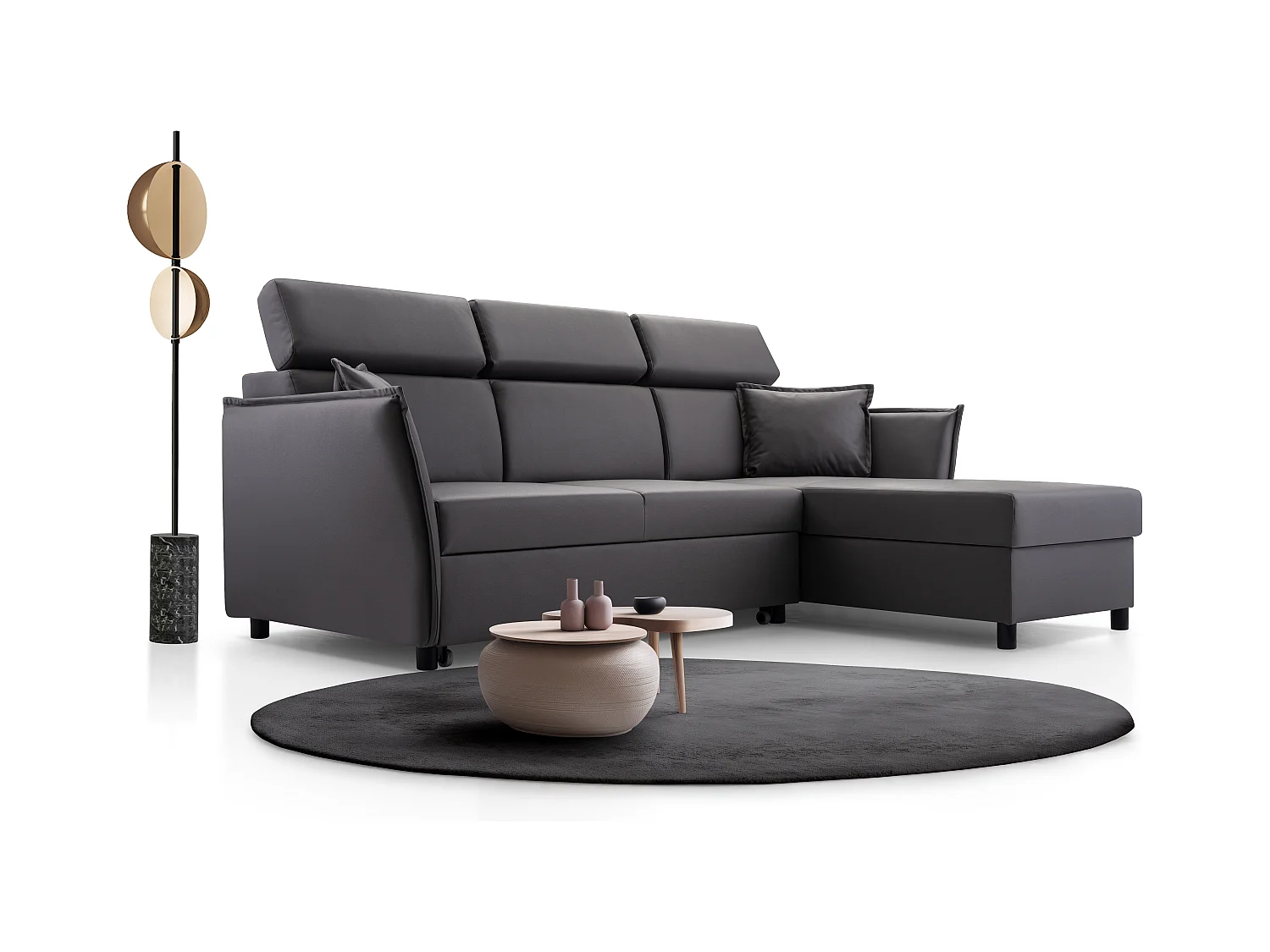 Ecksofa mit Schlaffunktion und Bettkasten-198x127cm,Verstellbare Kopfstützen,Schlafsofa,Bettsofa,Freistehend,Außenmaße 227x161,Rechte Seite,Cappuccino