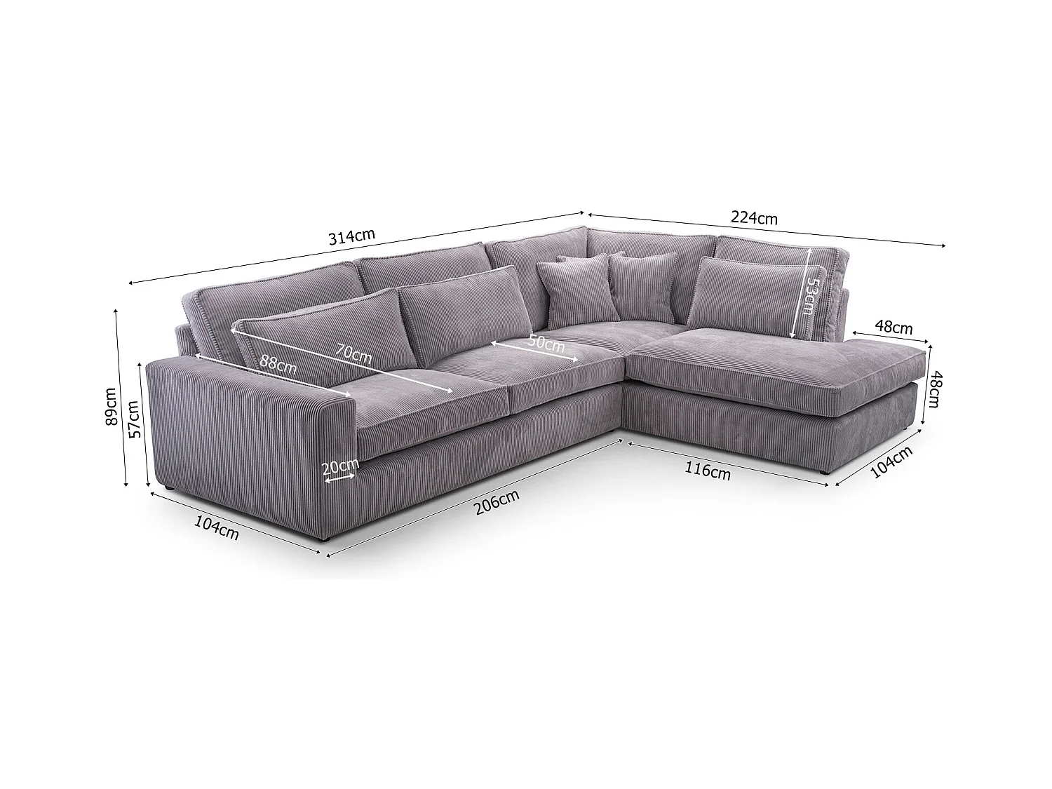 Ecksofa COBRA, Stoff-LINCOLN, Modernes Ecksofa Mit Kissen, Wellenfederung, Rückseite Bezogen, Freistehend, Links-Layout 89x314x224cm, GOLD