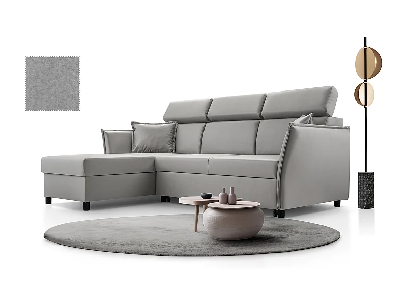 Ecksofa mit Schlaffunktion und Bettkasten-198x127cm,Verstellbare Kopfstützen,Schlafsofa,Bettsofa,Freistehend,Außenmaße 227x161,Linke Seite,Grau