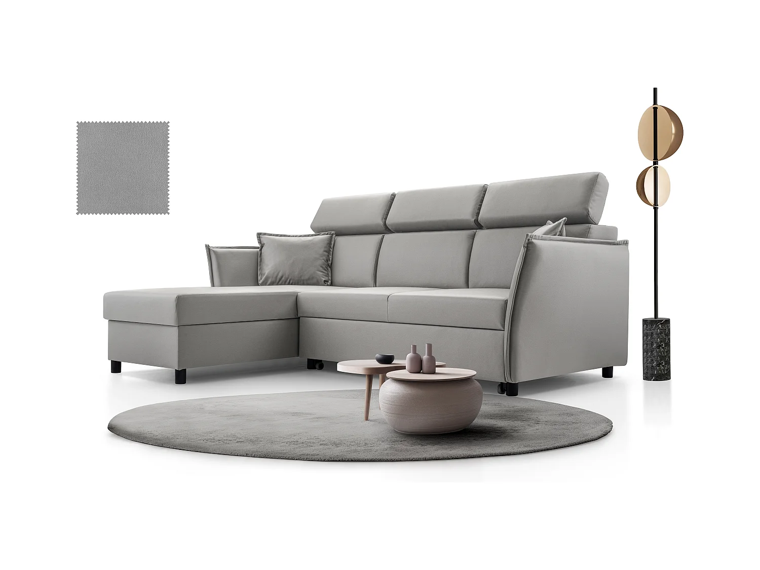 Ecksofa mit Schlaffunktion und Bettkasten-198x127cm,Verstellbare Kopfstützen,Schlafsofa,Bettsofa,Freistehend,Außenmaße 227x161,Linke Seite,Grau