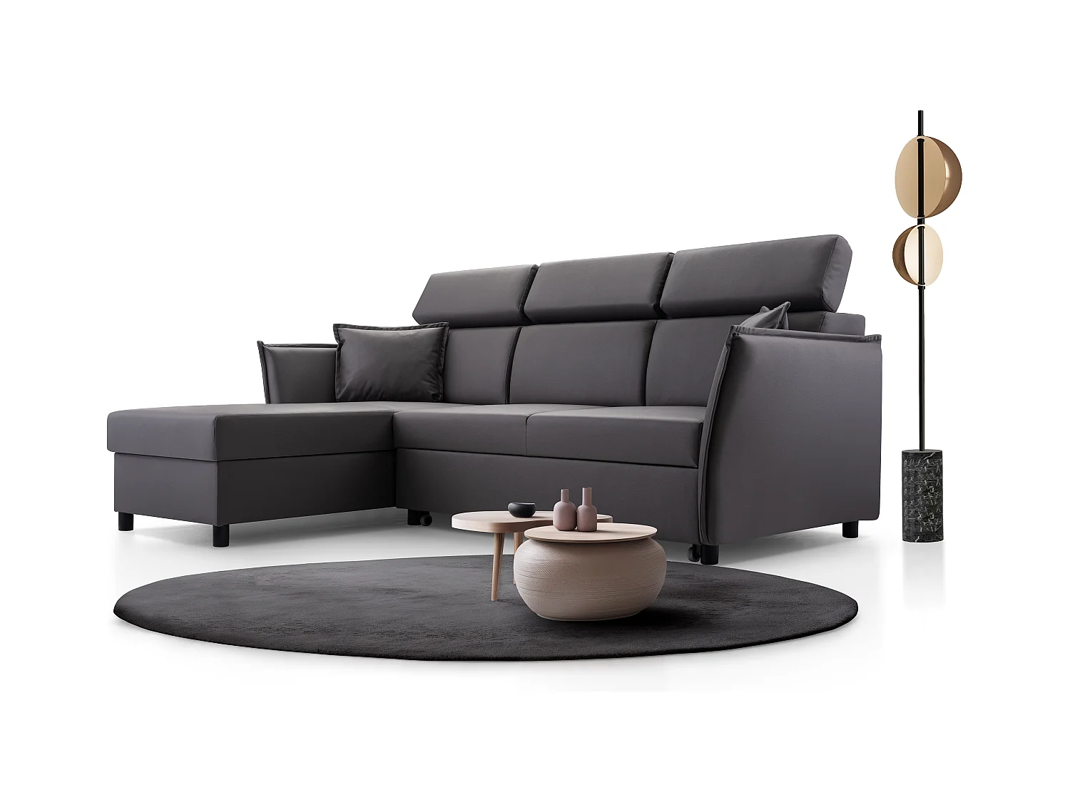 Ecksofa mit Schlaffunktion und Bettkasten-198x127cm,Verstellbare Kopfstützen,Schlafsofa,Bettsofa,Freistehend,Außenmaße 227x161,Linke Seite,Grau