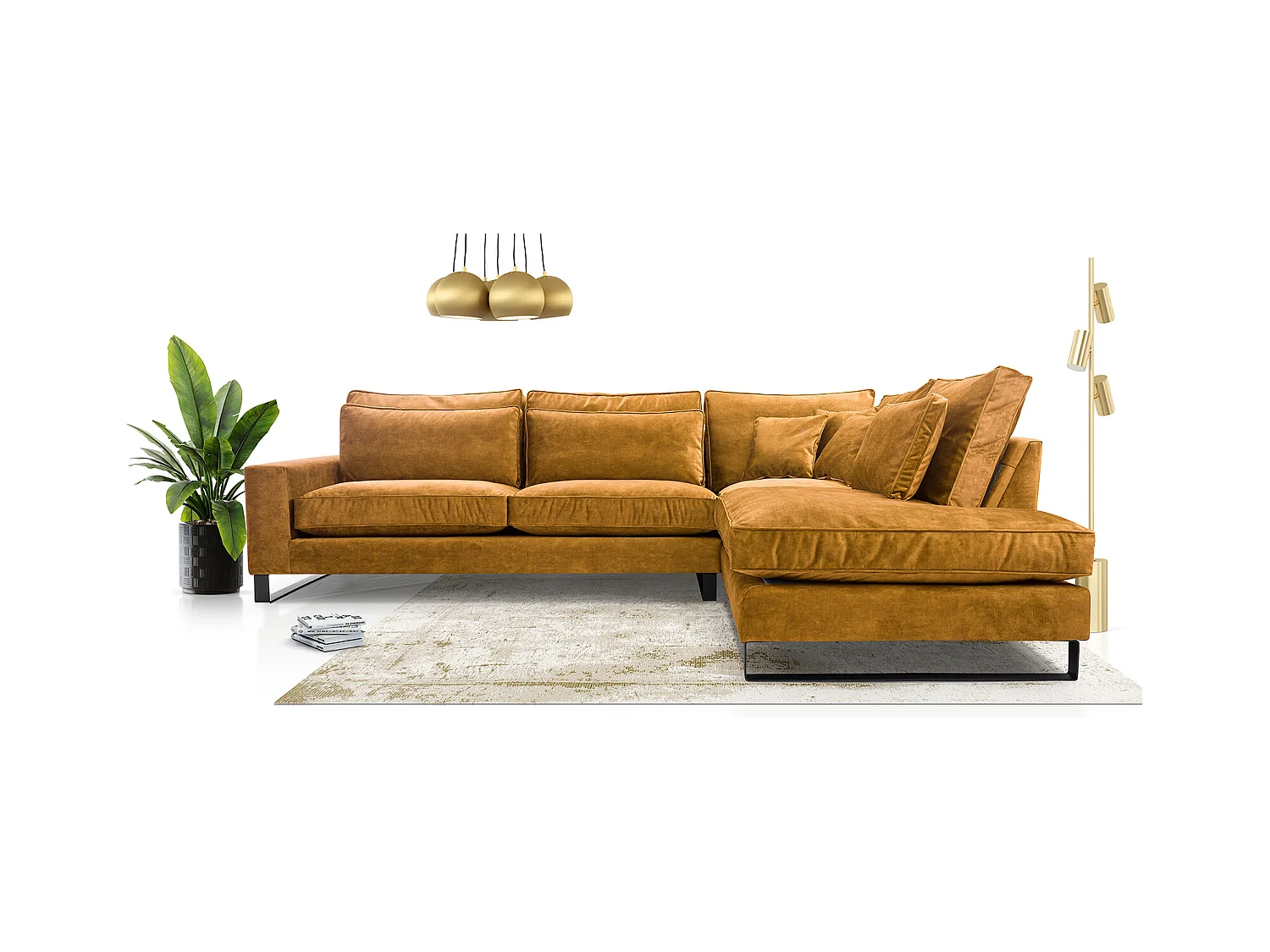 Ecksofa Freistehend L-förmig mit Wasserabweisendem Torre-Bezug, Abnehmbaren Kissen und Schwarzen Metallfüßen – Rechte Seite 314x224x90 cm, Gold