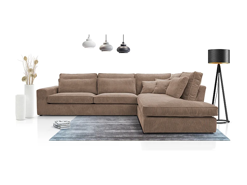 Ecksofa COBRA, Stoff-LINCOLN, Modernes Ecksofa Mit Kissen, Wellenfederung, Rückseite Bezogen, Freistehend, Rechts-Layout 89x314x224cm, HELLBRANZE