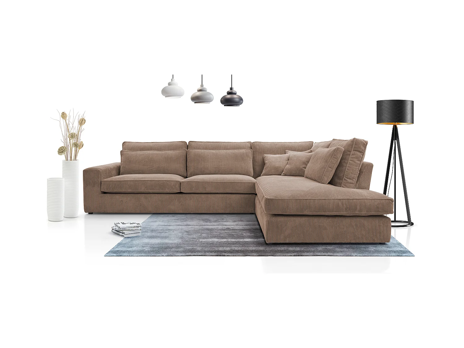 Ecksofa COBRA, Stoff-LINCOLN, Modernes Ecksofa Mit Kissen, Wellenfederung, Rückseite Bezogen, Freistehend, Rechts-Layout 89x314x224cm, HELLBRANZE