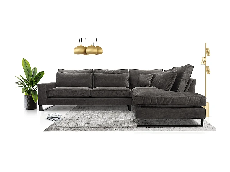 Ecksofa Freistehend L-förmig mit Wasserabweisendem Torre-Bezug, Abnehmbaren Kissen und Schwarzen Metallfüßen – Rechte Seite 314x224x90 cm, Graphit