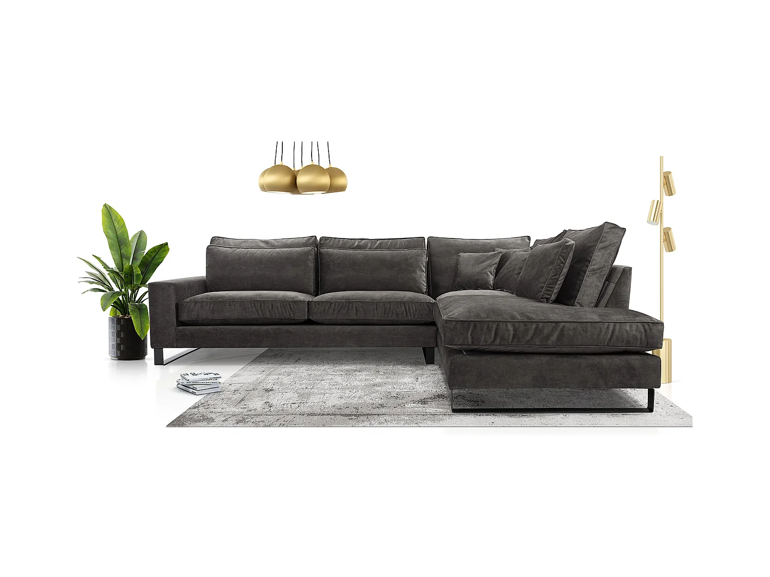 Ecksofa Freistehend L-förmig mit Wasserabweisendem Torre-Bezug, Abnehmbaren Kissen und Schwarzen Metallfüßen – Rechte Seite 314x224x90 cm, Graphit