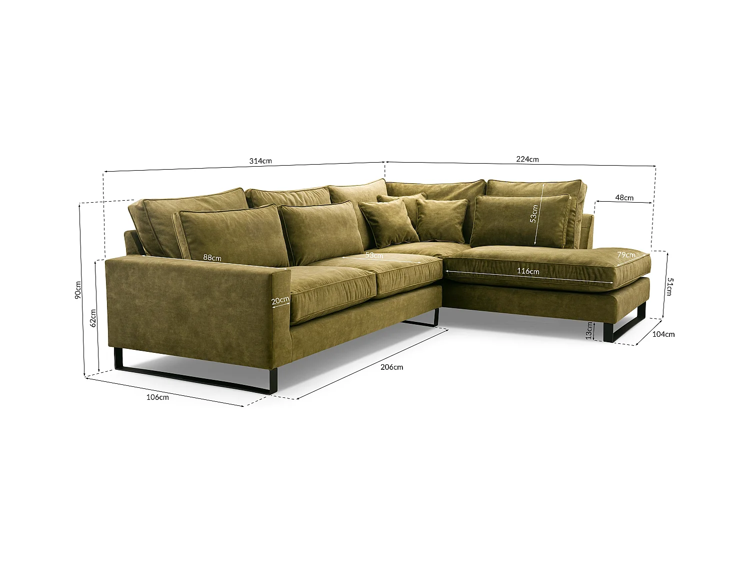 Ecksofa Freistehend L-förmig mit Wasserabweisendem Torre-Bezug, Abnehmbaren Kissen und Schwarzen Metallfüßen – Rechte Seite 314x224x90 cm, Graphit