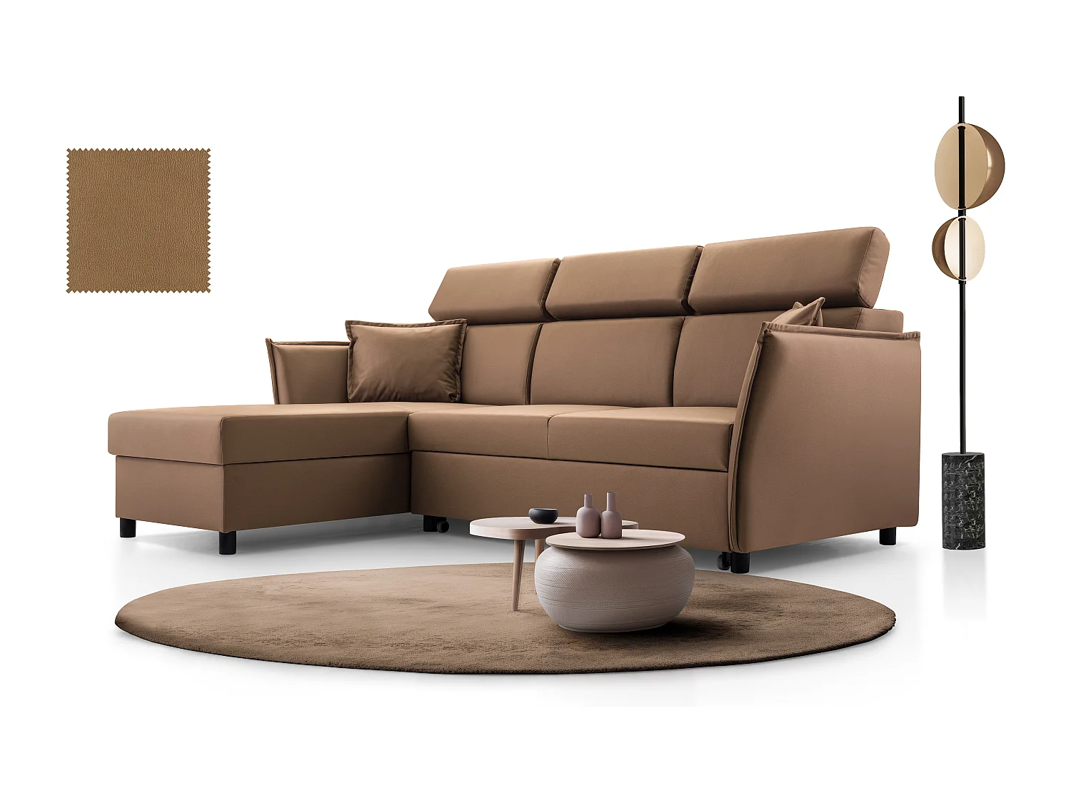 Ecksofa mit Schlaffunktion und Bettkasten-198x127cm,Verstellbare Kopfstützen,Schlafsofa,Bettsofa,Freistehend,Außenmaße 227x161,Linke Seite,Braun