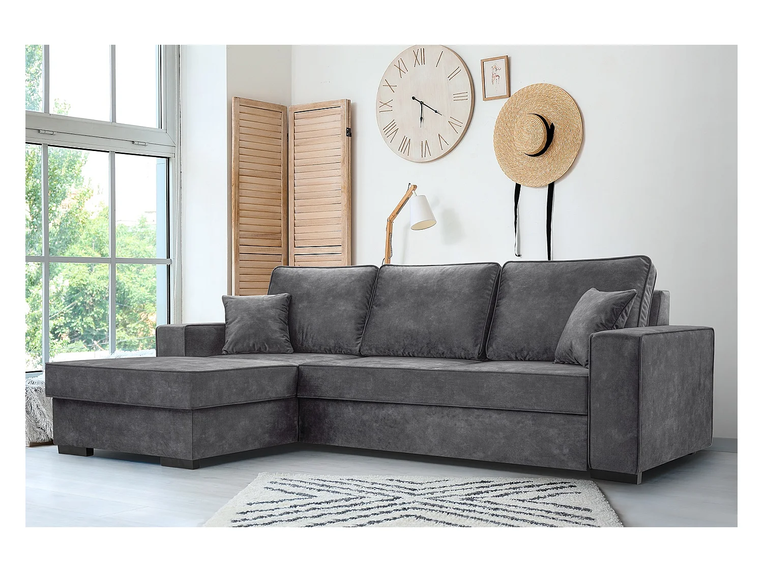 Schlafcouch mit Stauraum & Schlaffunktion – Sofa mit Automatik-Wagenmechanismus, Veloursstoff, gepolstertes Ecksofa | 223x160 cm | Grau, Linke Seite