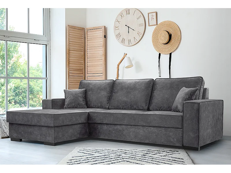Schlafcouch mit Stauraum & Schlaffunktion – Sofa mit Automatik-Wagenmechanismus, Veloursstoff, gepolstertes Ecksofa | 223x160 cm | Grau, Linke Seite