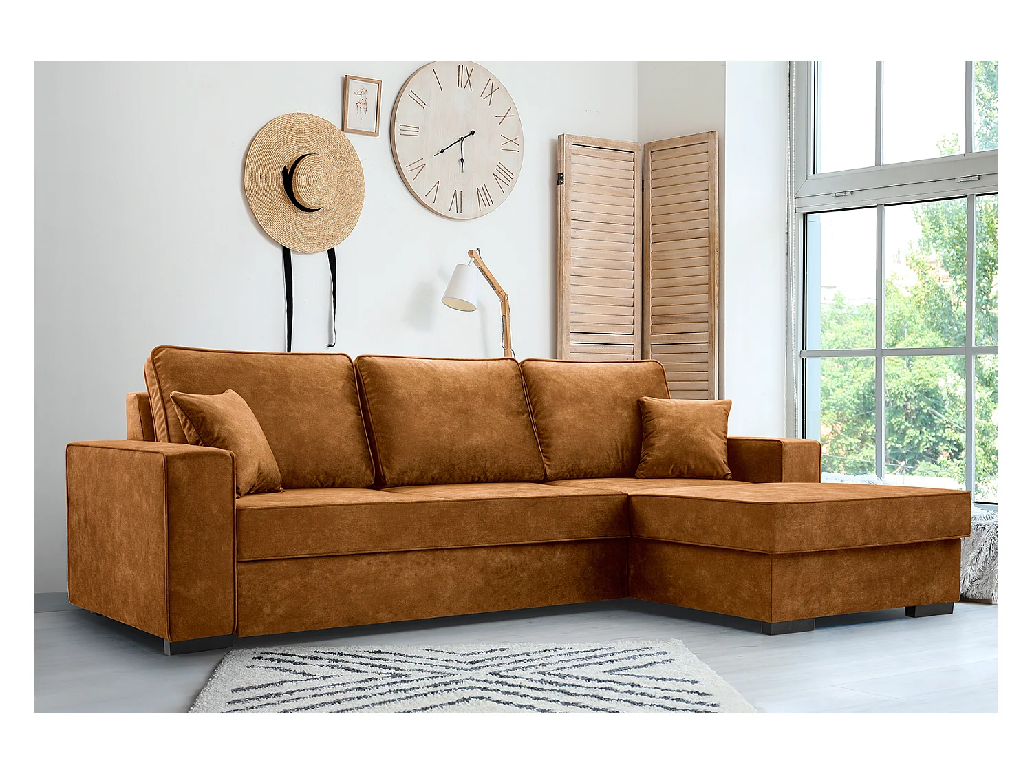 Schlafcouch mit Stauraum & Schlaffunktion – Sofa mit Automatik-Wagenmechanismus, Veloursstoff, gepolstertes Ecksofa | 223x160 cm | Gold, Rechte Seite