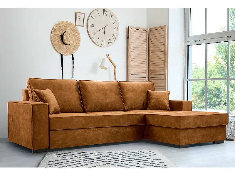 Schlafcouch mit Stauraum & Schlaffunktion – Sofa mit Automatik-Wagenmechanismus, Veloursstoff, gepolstertes Ecksofa | 223x160 cm | Gold, Rechte Seite