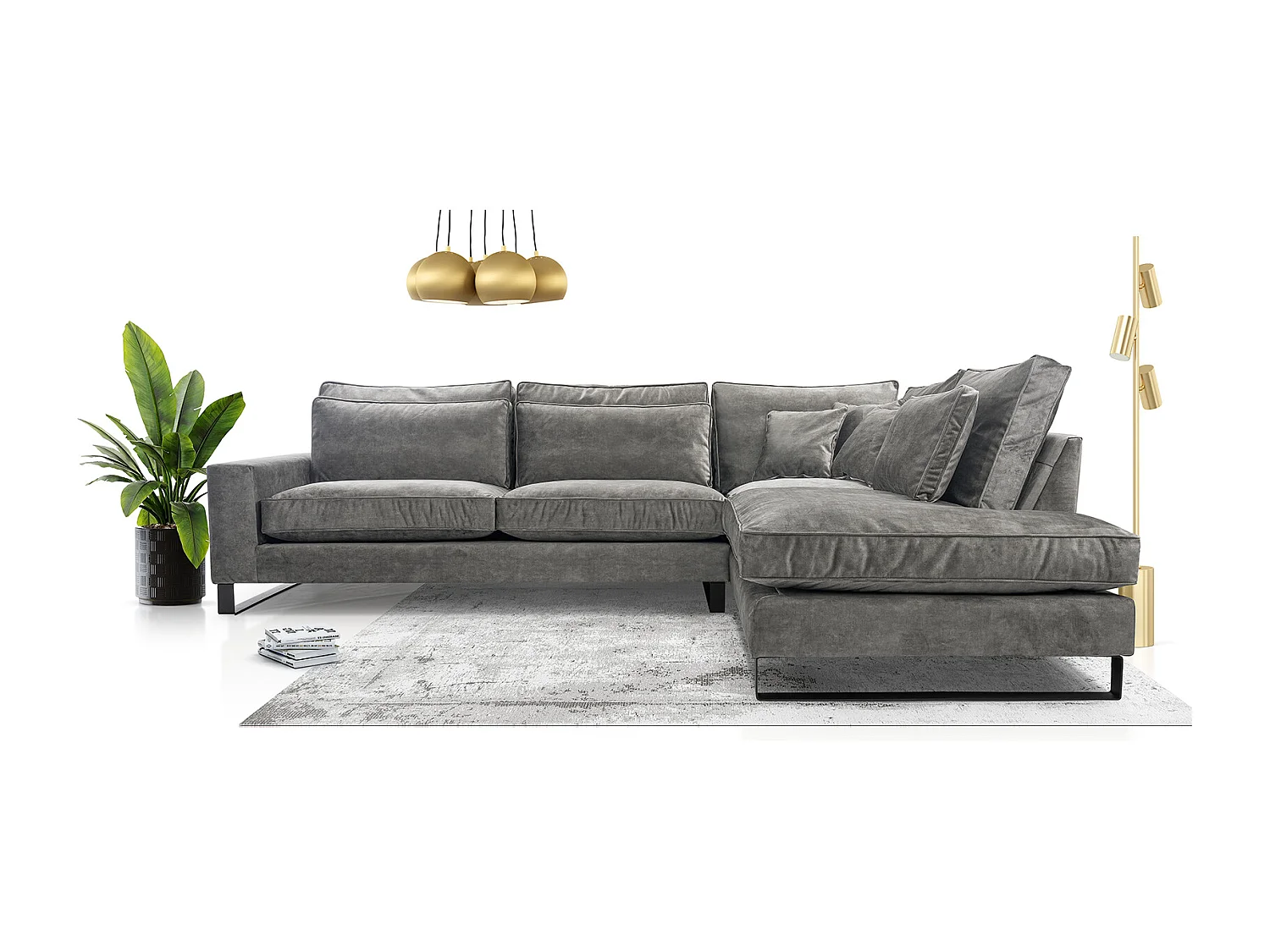 Ecksofa Freistehend L-förmig mit Wasserabweisendem Torre-Bezug, Abnehmbaren Kissen und Schwarzen Metallfüßen – Rechte Seite 314x224x90 cm, Grau