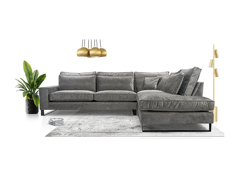 Ecksofa Freistehend L-förmig mit Wasserabweisendem Torre-Bezug, Abnehmbaren Kissen und Schwarzen Metallfüßen – Rechte Seite 314x224x90 cm, Grau