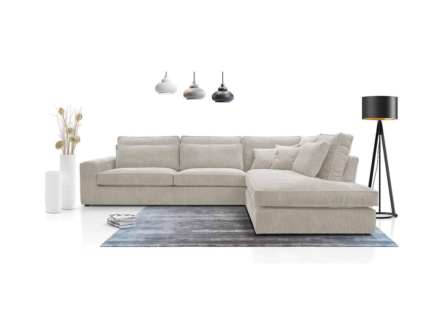 Ecksofa COBRA, Stoff-LINCOLN, Modernes Ecksofa Mit Kissen, Wellenfederung, Rückseite Bezogen, Freistehend, Rechts-Layout 89x314x224cm, LEER