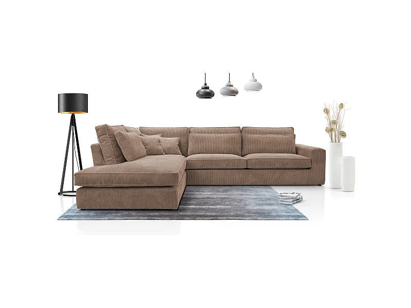Ecksofa COBRA, Stoff-LINCOLN, Modernes Ecksofa Mit Kissen, Wellenfederung, Rückseite Bezogen, Freistehend, Links-Layout 89x314x224cm, HELLBRANZE