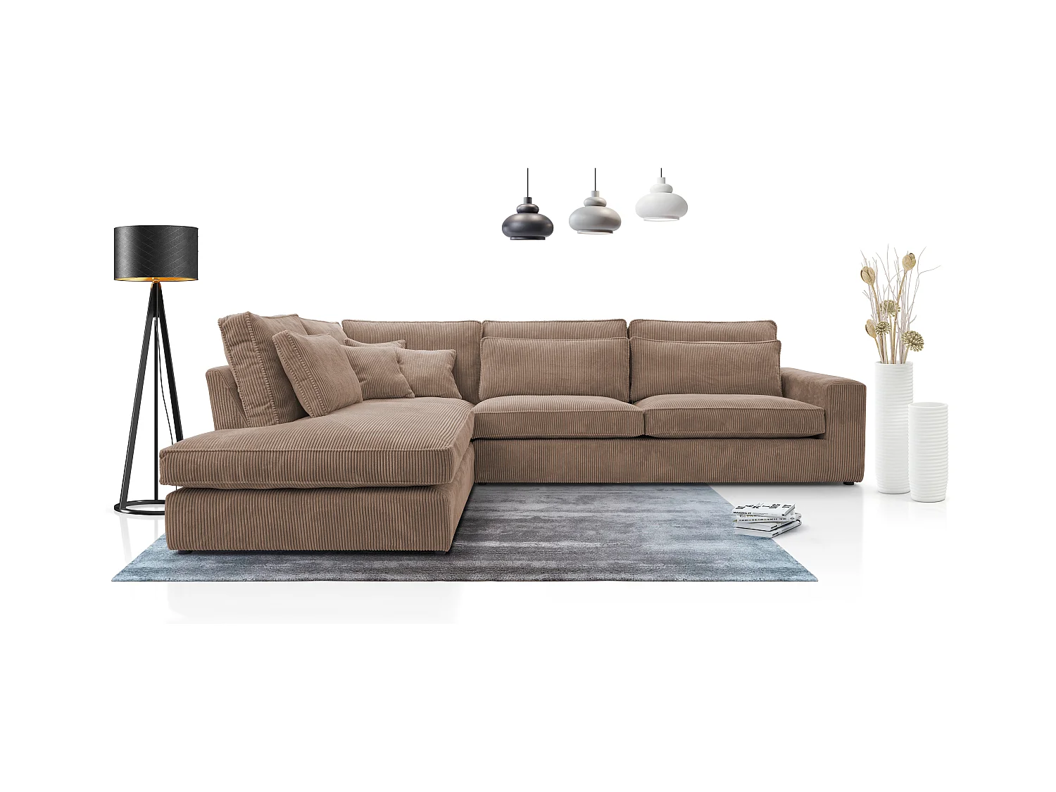 Ecksofa COBRA, Stoff-LINCOLN, Modernes Ecksofa Mit Kissen, Wellenfederung, Rückseite Bezogen, Freistehend, Links-Layout 89x314x224cm, HELLBRANZE
