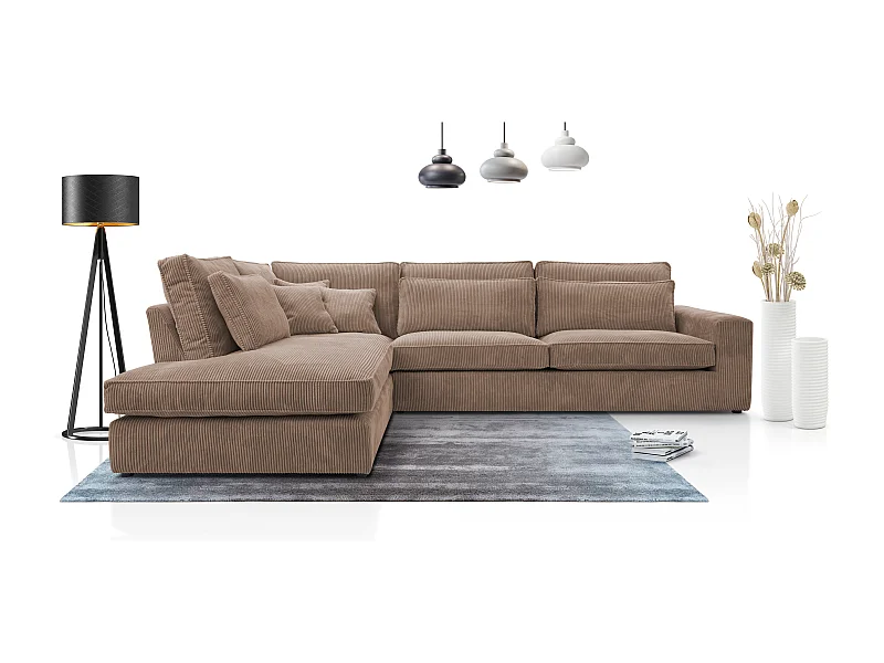 Ecksofa COBRA, Stoff-LINCOLN, Modernes Ecksofa Mit Kissen, Wellenfederung, Rückseite Bezogen, Freistehend, Links-Layout 89x314x224cm, HELLBRANZE