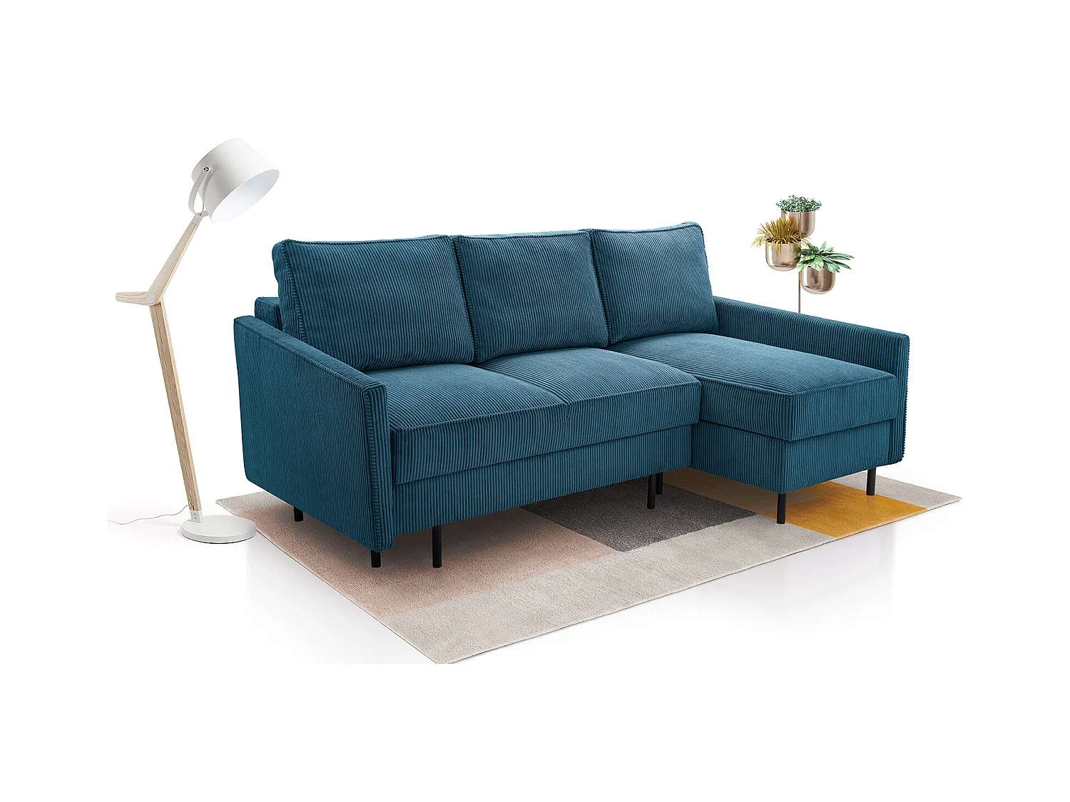 Ecksofa, ROBIN Sofa Mit Cordstoff-POSO, Ausziehbar, Schlafbereich 145x203cm, Robustes Holzgestell, Rechte Seite, BLAU