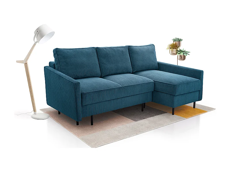Ecksofa, ROBIN Sofa Mit Cordstoff-POSO, Ausziehbar, Schlafbereich 145x203cm, Robustes Holzgestell, Rechte Seite, BLAU