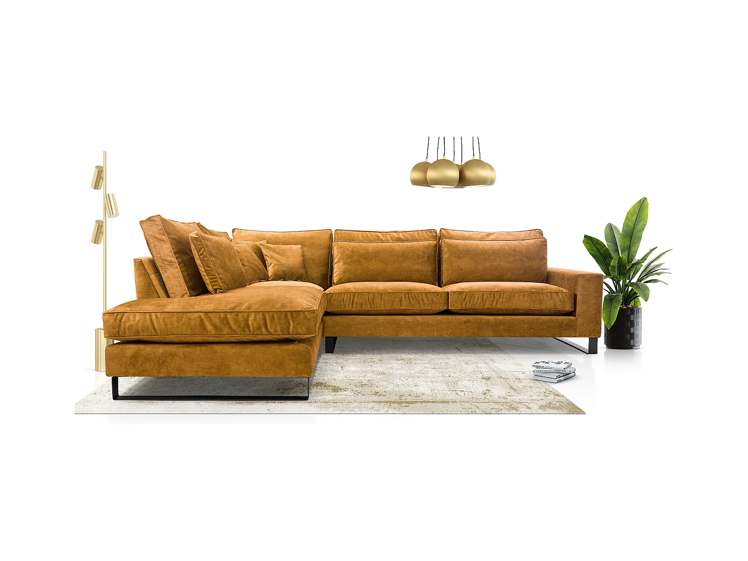 Ecksofa Freistehend L-förmig mit Wasserabweisendem Torre-Bezug, Abnehmbaren Kissen und Schwarzen Metallfüßen – Linke Seite 314x224x90 cm, Platina