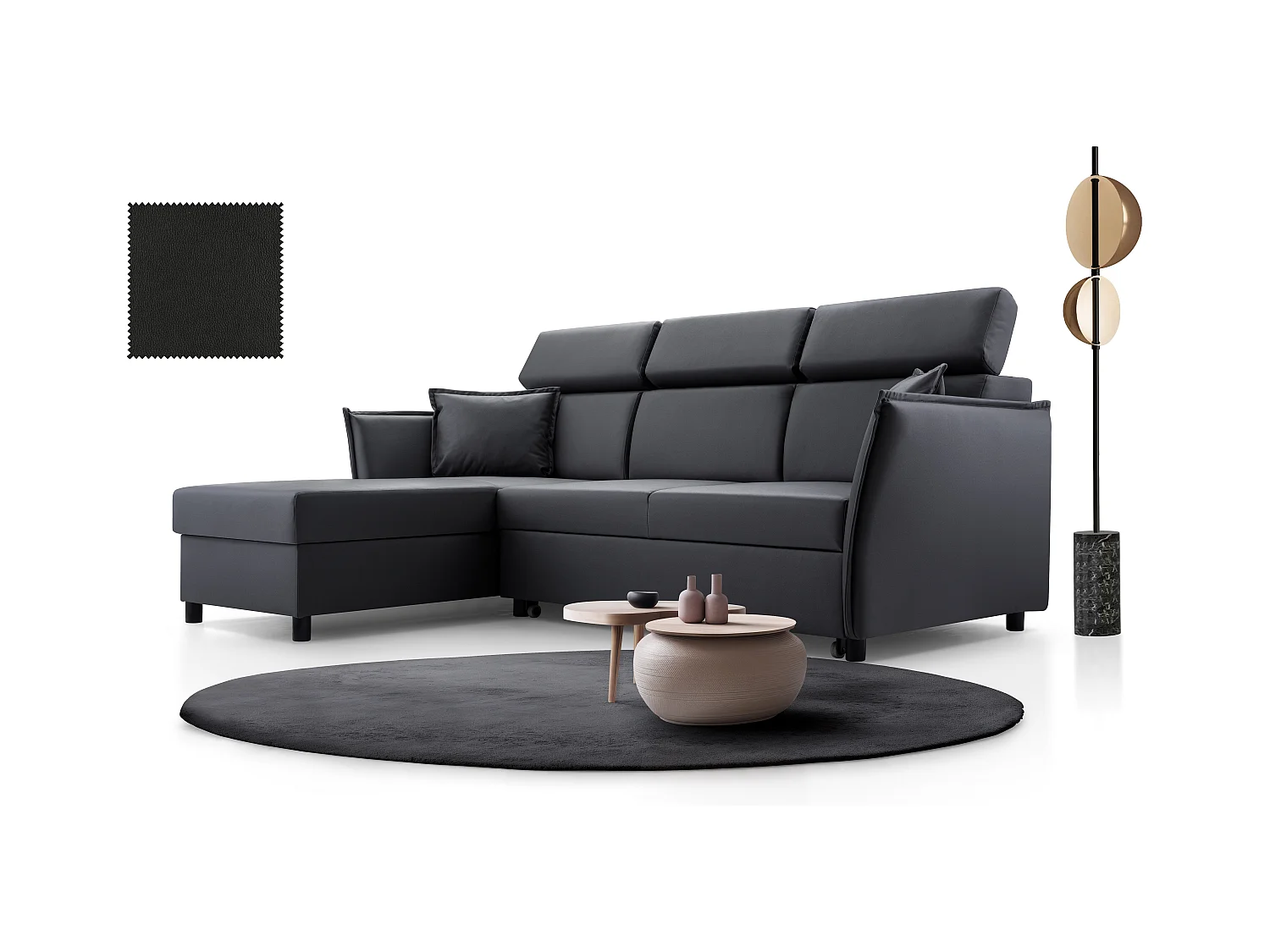 Ecksofa mit Schlaffunktion und Bettkasten-198x127cm,Verstellbare Kopfstützen,Schlafsofa,Bettsofa,Freistehend,Außenmaße 227x161,Linke Seite,Graphit