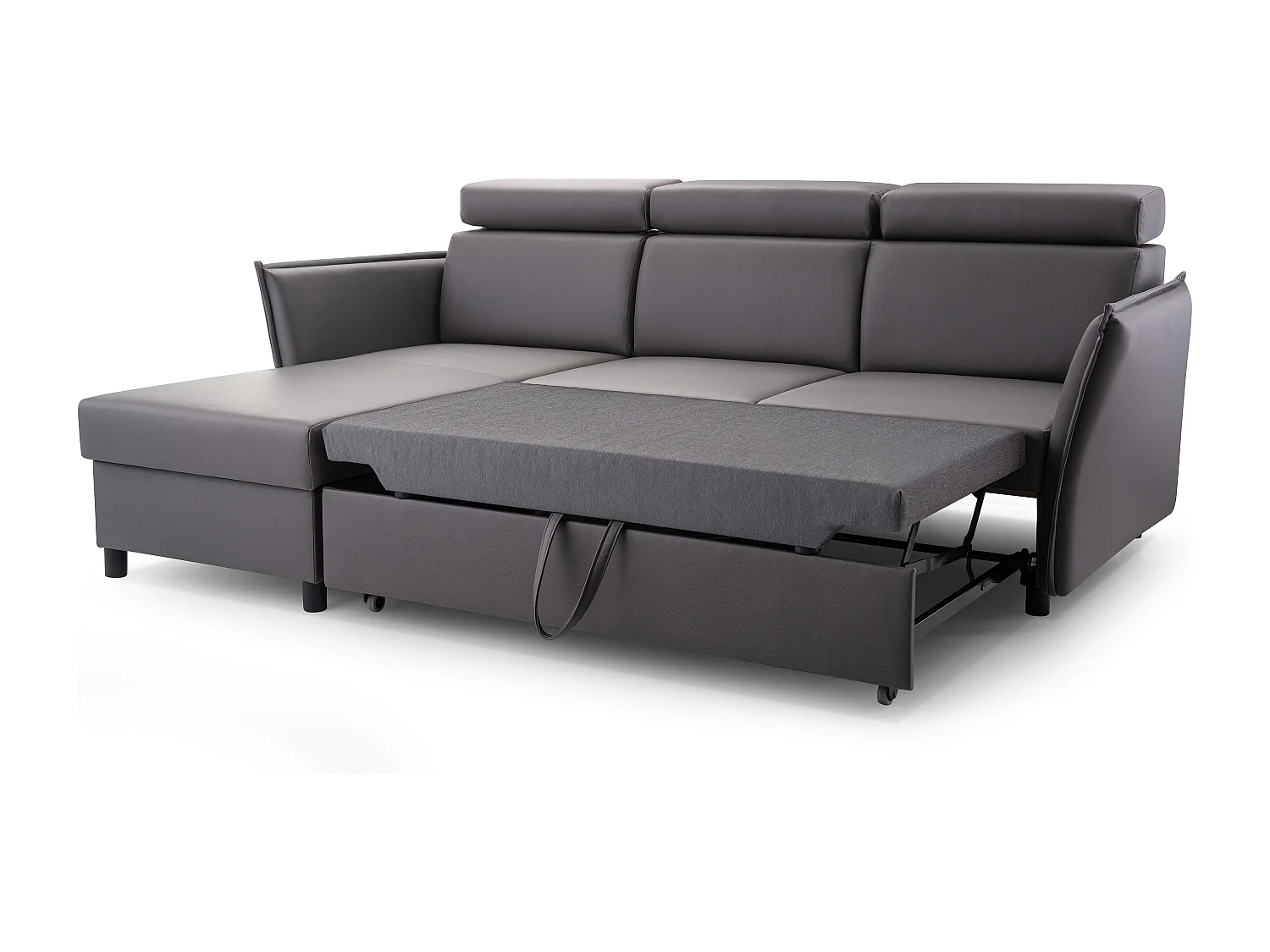 Ecksofa mit Schlaffunktion und Bettkasten-198x127cm,Verstellbare Kopfstützen,Schlafsofa,Bettsofa,Freistehend,Außenmaße 227x161,Linke Seite,Graphit