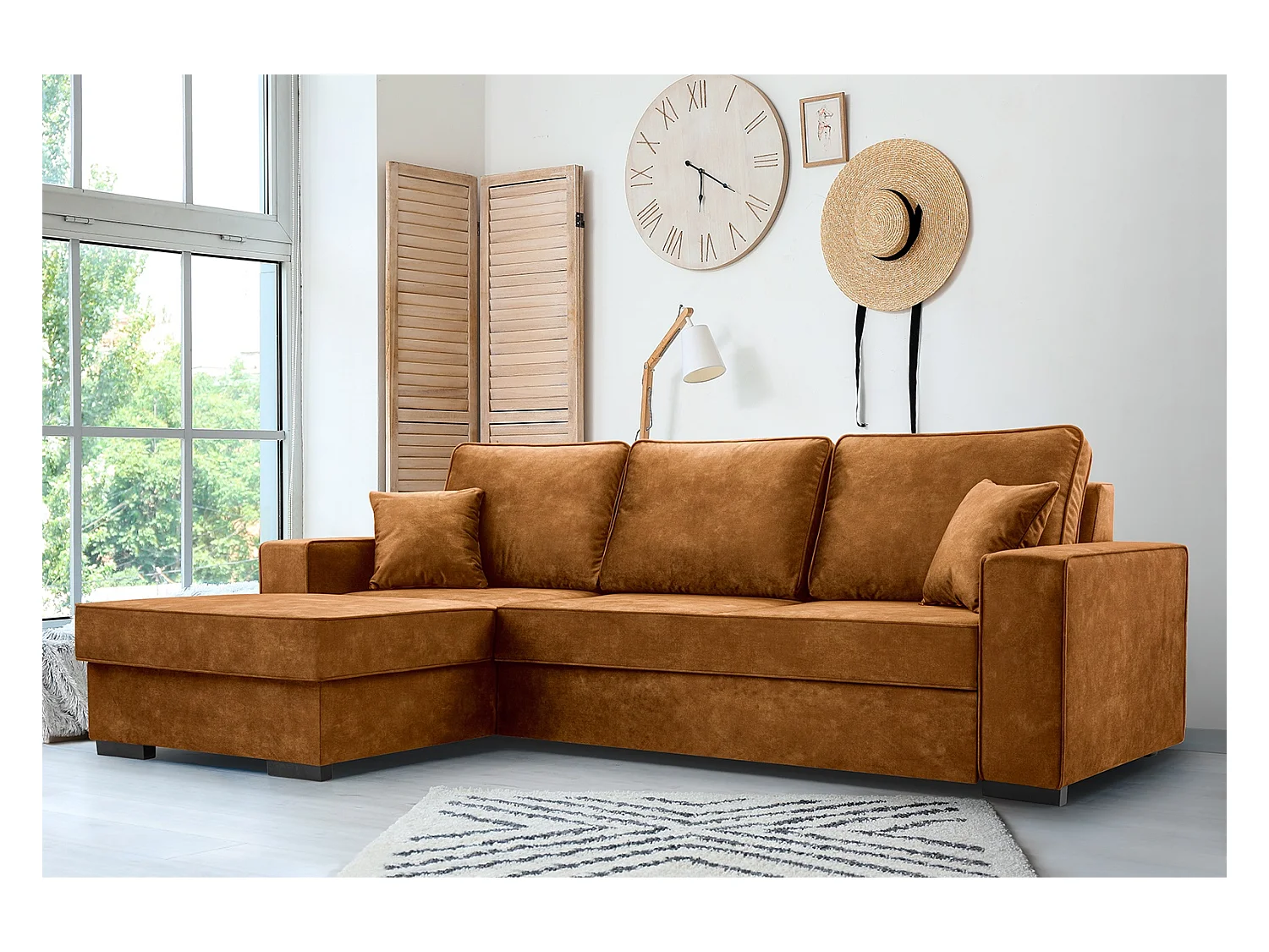 Schlafcouch mit Stauraum & Schlaffunktion – Sofa mit Automatik-Wagenmechanismus, Veloursstoff, gepolstertes Ecksofa | 223x160 cm | Gold, Linke Seite